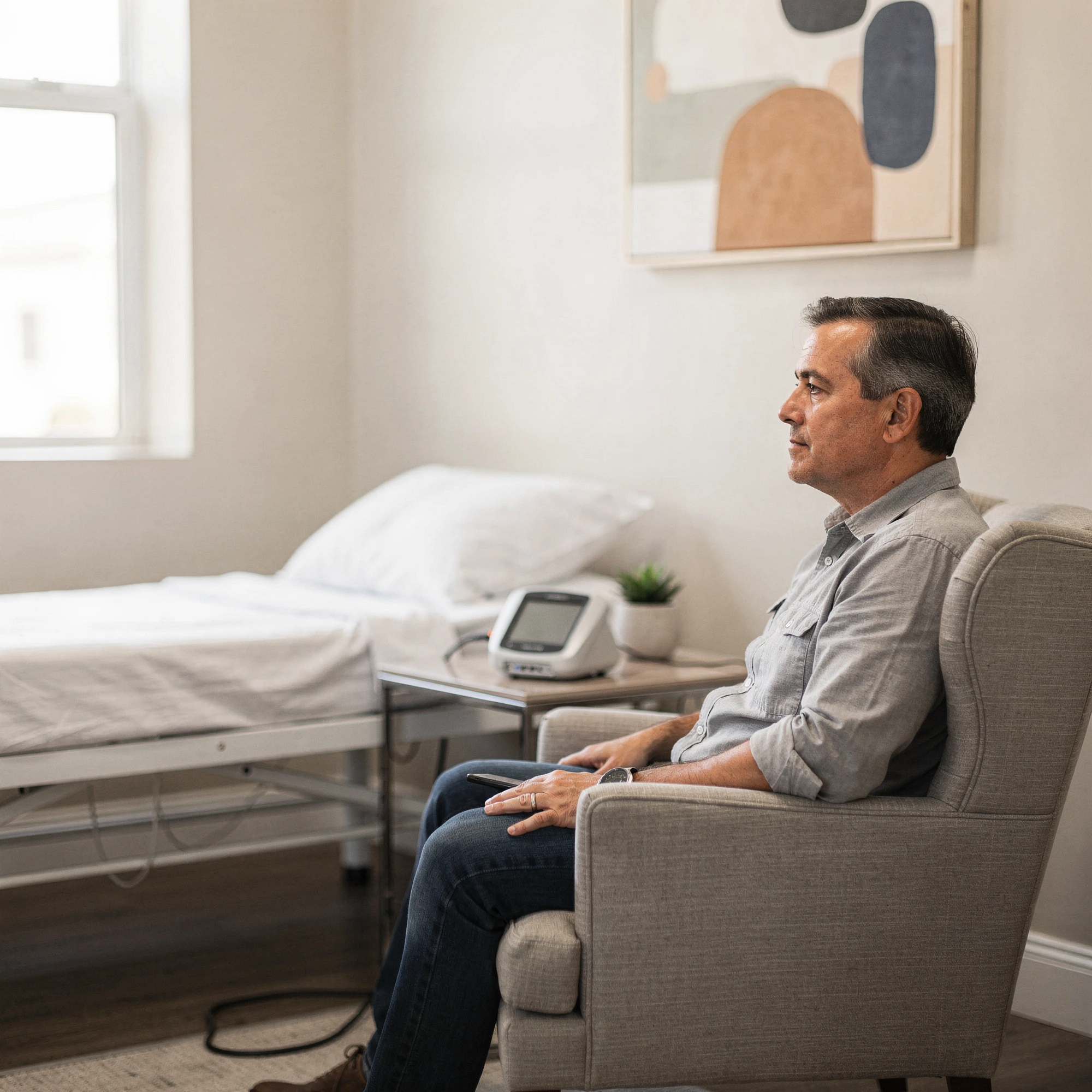 Man sitting in a consultation room with a sleep apnea testing device on the nearby table and an adjustable bed in the background